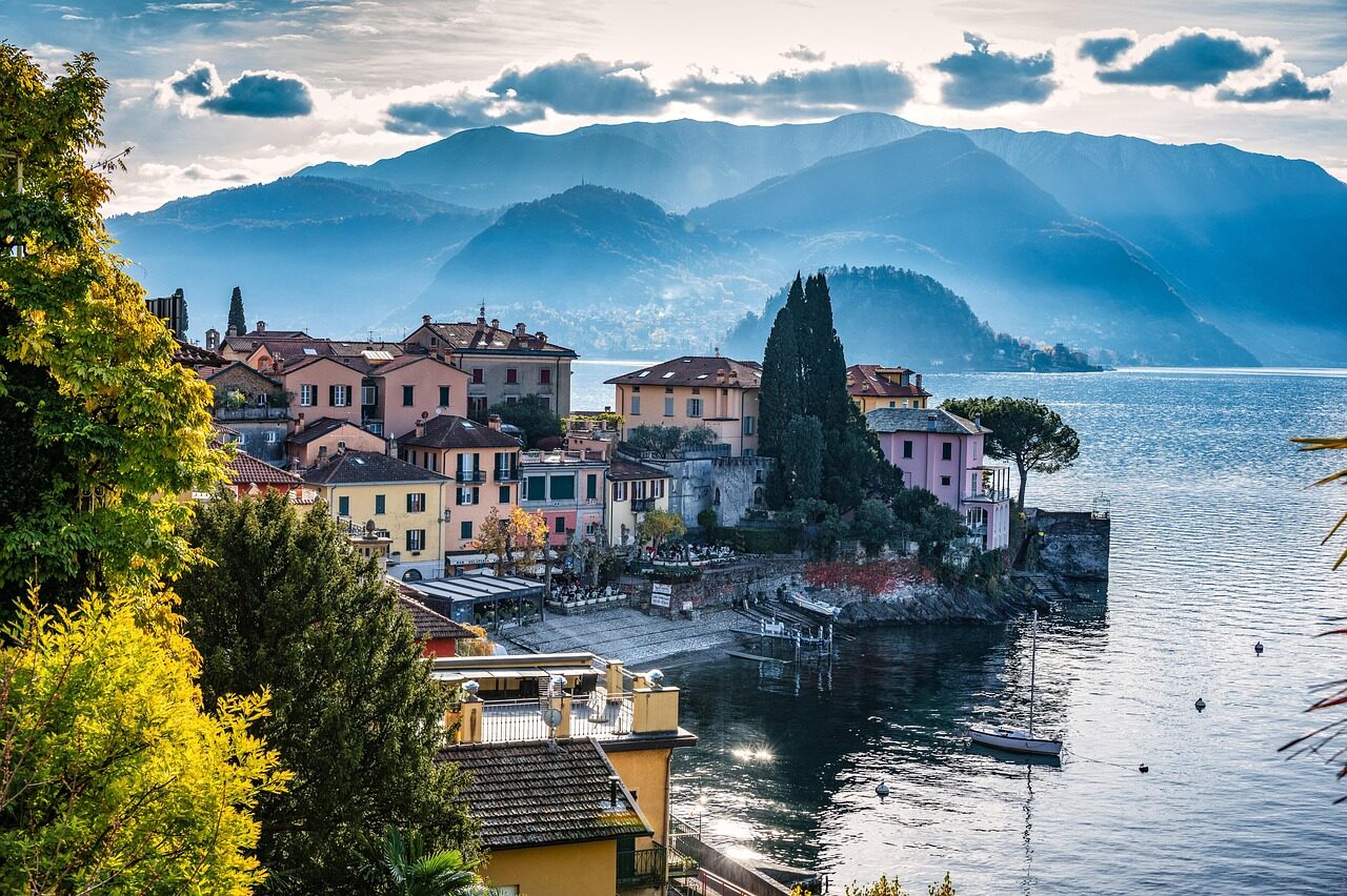 varenna, italy, lake, nature, lake como, como, village, mountain, trees, harbor