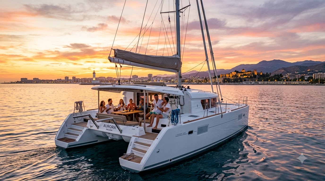 A wooden catamaran sailing the Mediterranean at sunset