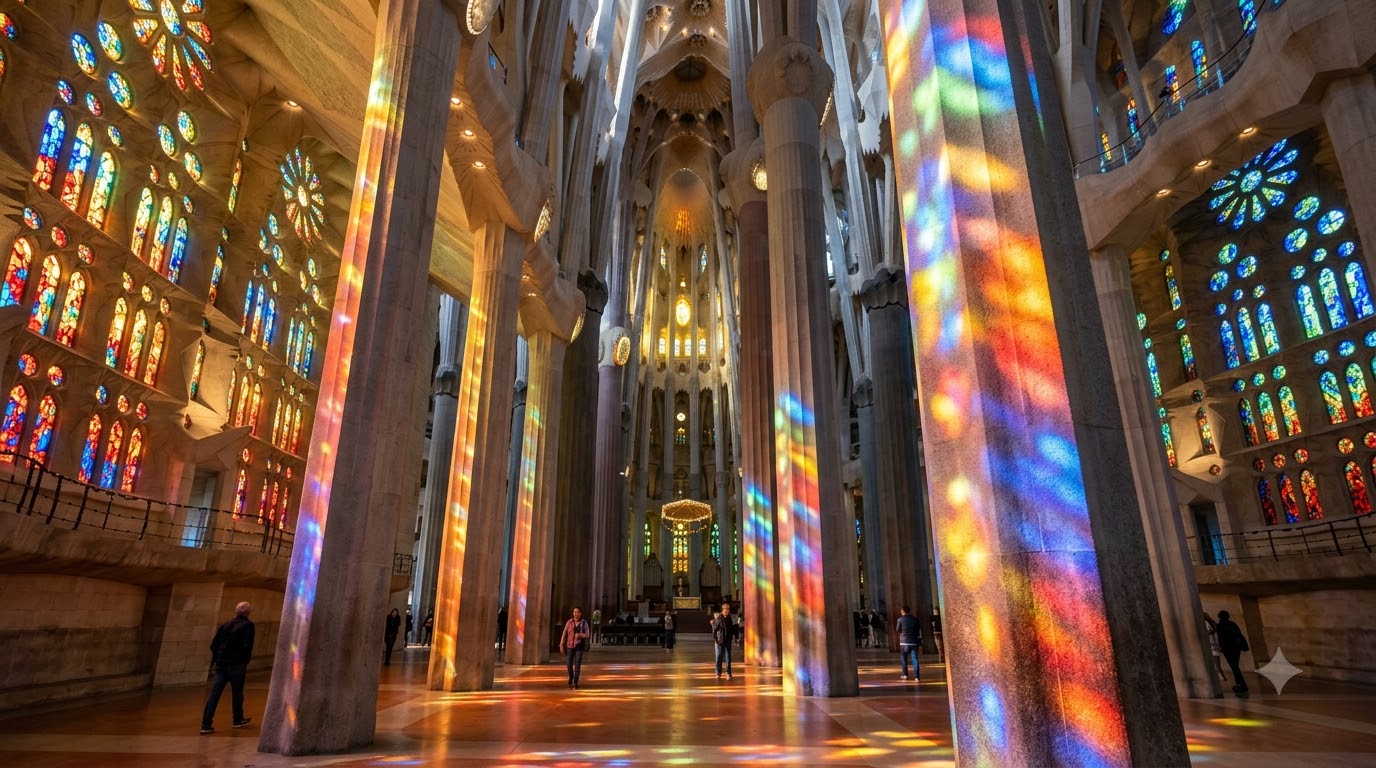 Sagrada Familia interior with vibrant stained glass light in Barcelona.