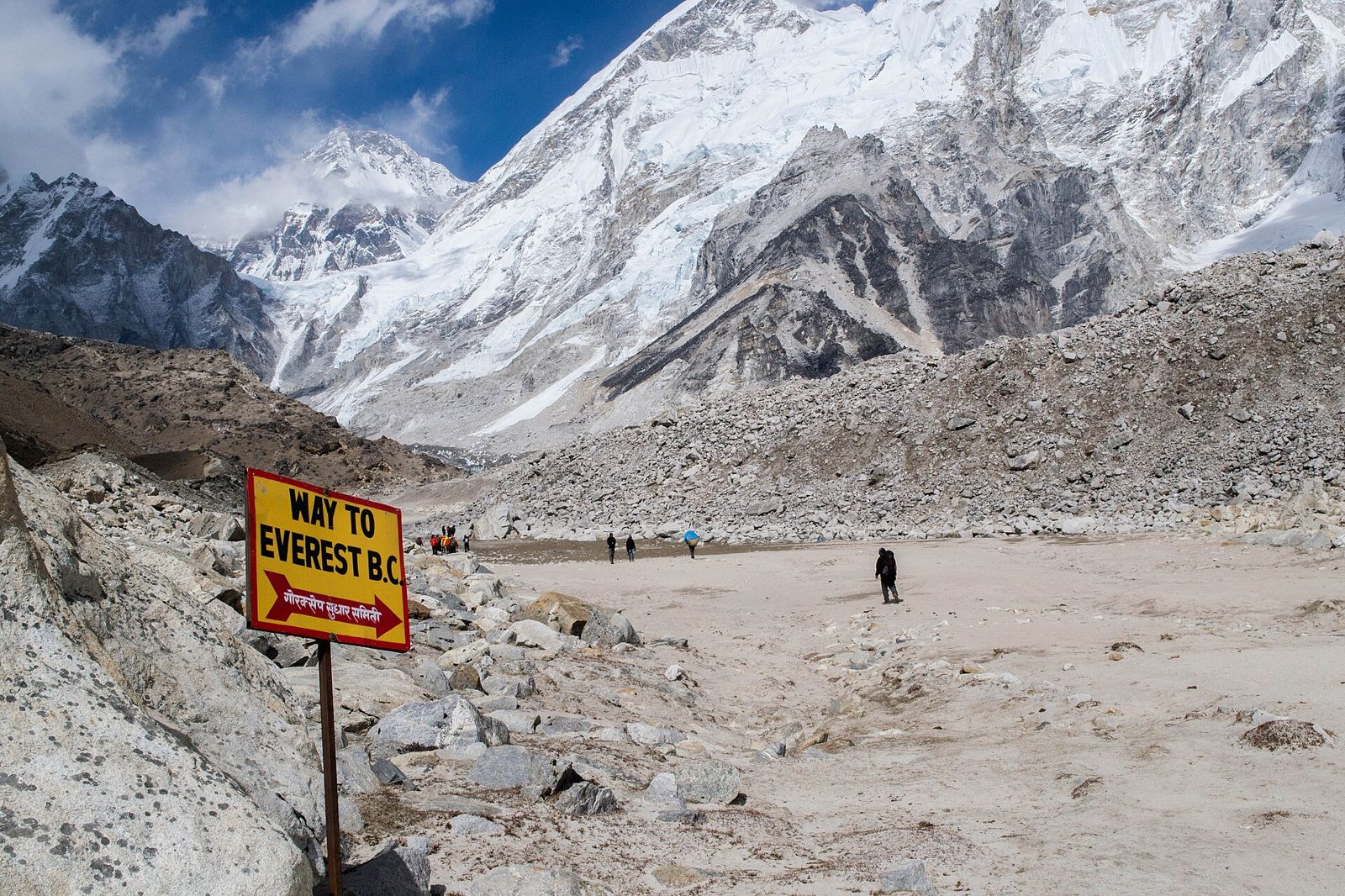 Yellow 'Way to Everest B.C.' sign on the Khumbu Glacier moraine with Everest region peaks behind